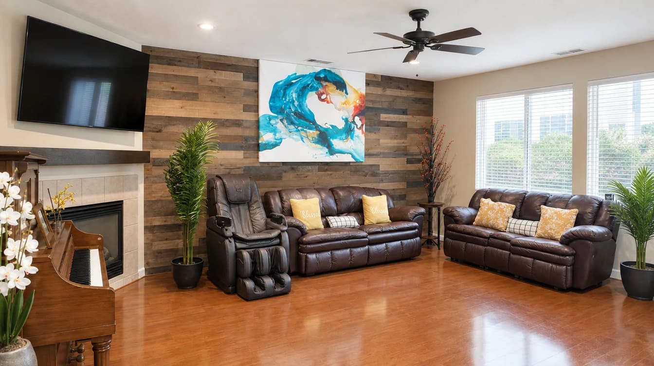 Living room at Joy in Caring I with two reclining leather sofas, a fireplace and mounted TV